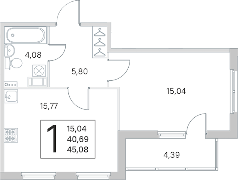 1-комнатная квартира 40.69 м², 2/4 эт., ЖК «Любоград в Стрельне»